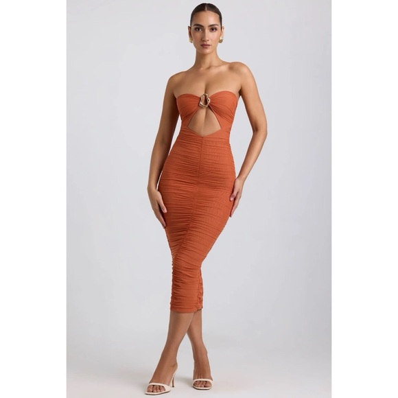 SOLD NWT Oh Polly Ruched Hardware Detail Strapless Midaxi Dress in Burnt Orange - Picture 2 of 12
